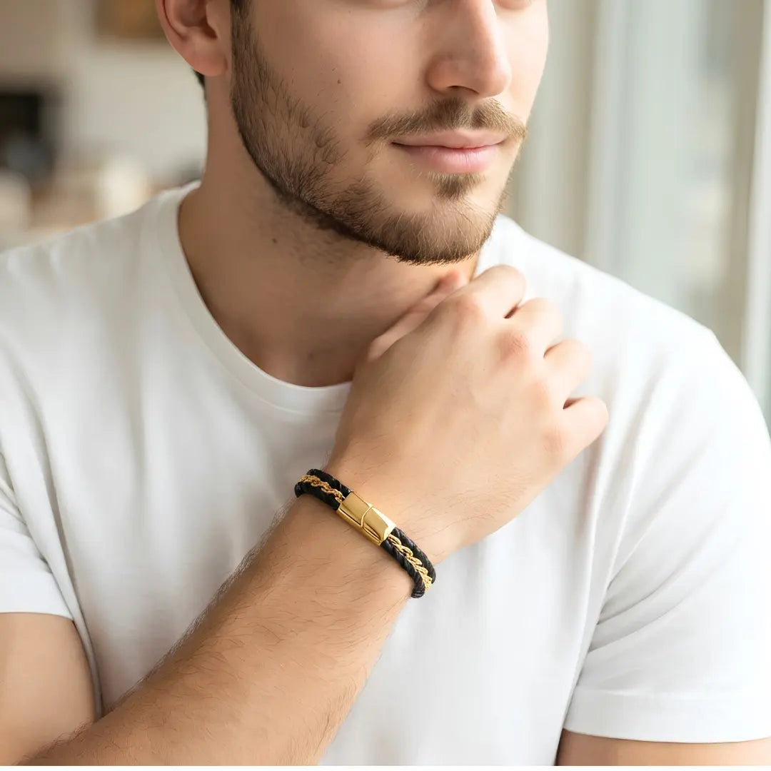 Braided Leather & Metal Chain Bracelet – 21cm 18mm Multi-Strand Stainless Steel Cuff with Magnetic Clasp for Men